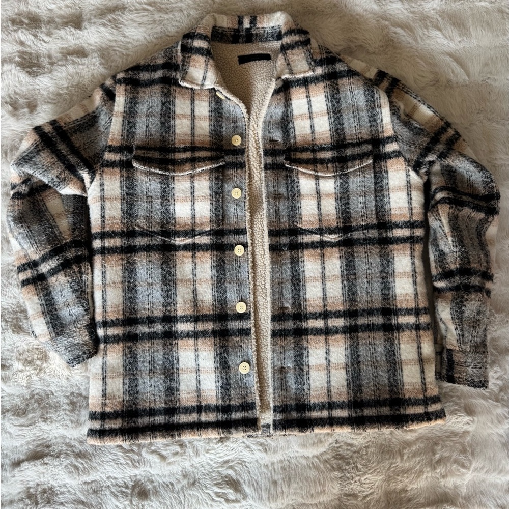 All Saints Plaid Teddy Jacket - Black, Gray, Cream